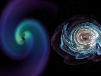 Figure 1 Simulation of the merger of two neutron stars detected by LIGO using the Einstein Toolkit. Left are the gravitational waves emitted and right the disrupted material. Credit: Karan Jani, Georgia Tech